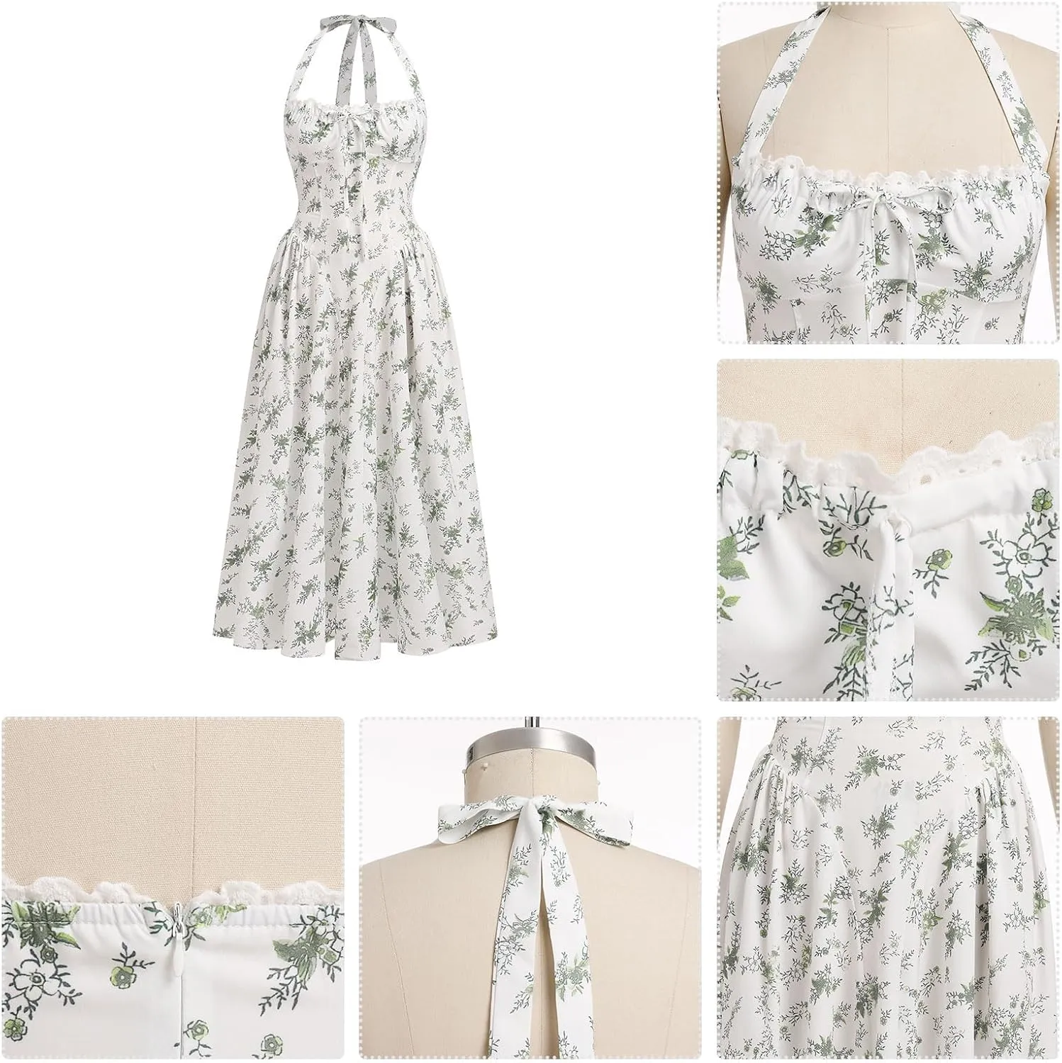 OBEEII Women Floral Corset Dress Halter Neck Low Cut Bustier Midi Dress Flowy Pleated Hem Summer Sundress with Pockets