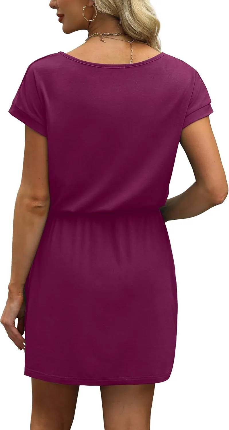 OFEEFAN Summer Dresses for Women 2025 V Neck T Shirt Casual Mini Dresses Tie Waist Sundresses with Pockets