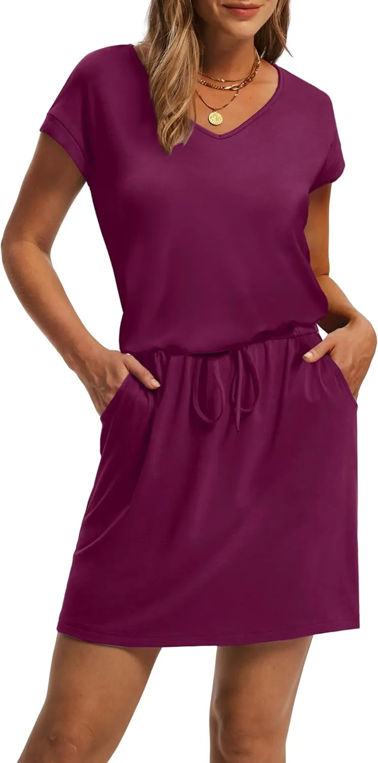 OFEEFAN Summer Dresses for Women 2025 V Neck T Shirt Casual Mini Dresses Tie Waist Sundresses with Pockets