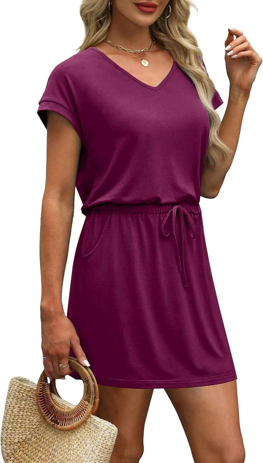 OFEEFAN Summer Dresses for Women 2025 V Neck T Shirt Casual Mini Dresses Tie Waist Sundresses with Pockets