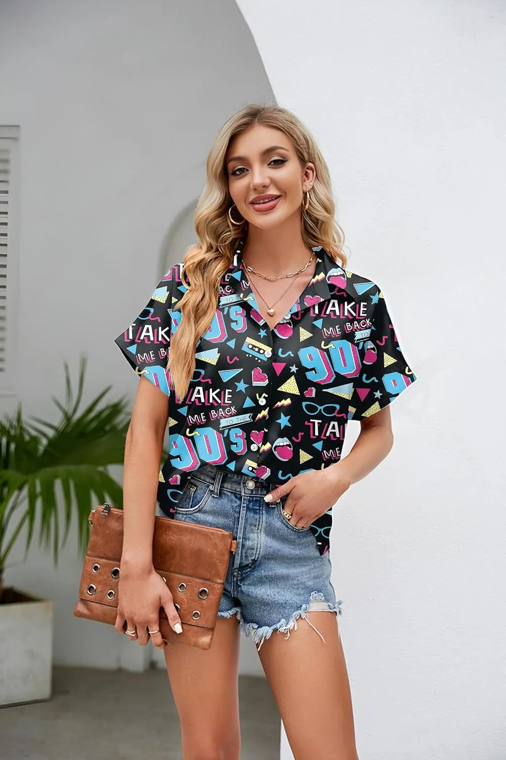PECHAR 80s 90s Hawaiian Shirt for Women Retro Party Disco Neon Outfits 80s Clothing Button Down Blouses