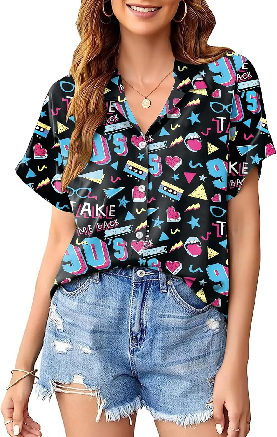 PECHAR 80s 90s Hawaiian Shirt for Women Retro Party Disco Neon Outfits 80s Clothing Button Down Blouses
