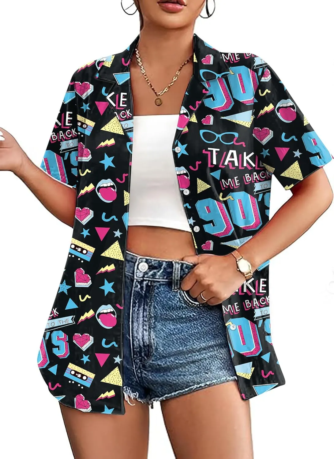 PECHAR 80s 90s Hawaiian Shirt for Women Retro Party Disco Neon Outfits 80s Clothing Button Down Blouses