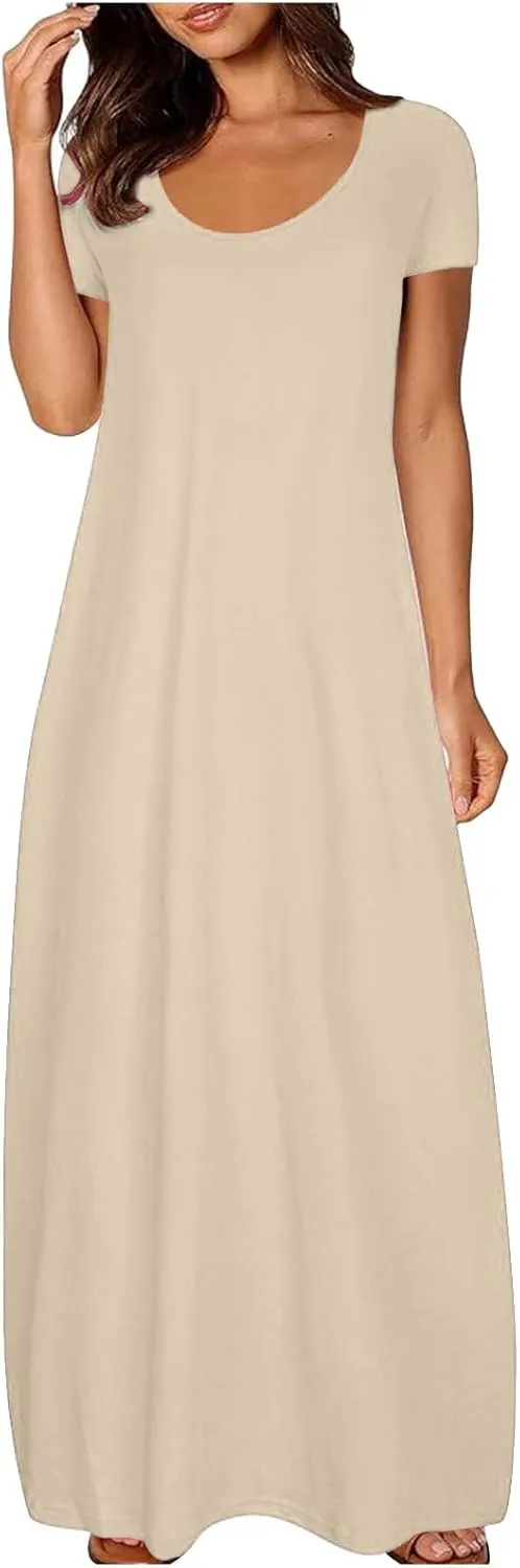 Plus Size Dresses for Curvy Women Loose Fit Round Neck Summer Beach Dresses Casual Flowy Maxi Tshirt Sundresses
