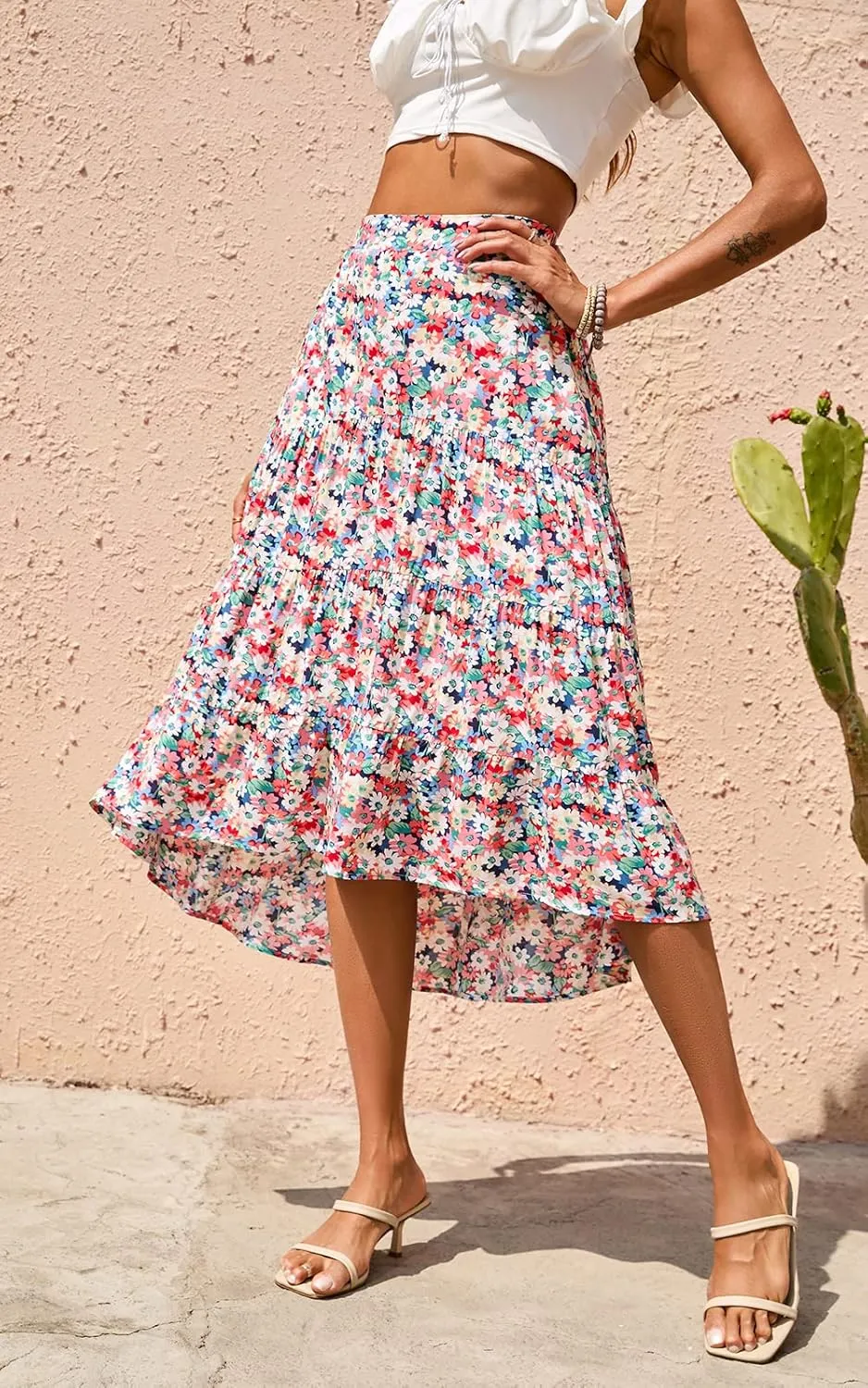 PRETTYGARDEN Women's Ditzy Floral Print Midi Skirt Boho Elastic High Waist Long Skirts for Women Trendy High Low Hem