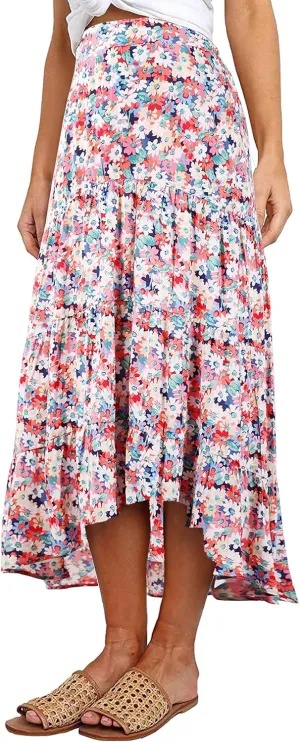 PRETTYGARDEN Women's Ditzy Floral Print Midi Skirt Boho Elastic High Waist Long Skirts for Women Trendy High Low Hem
