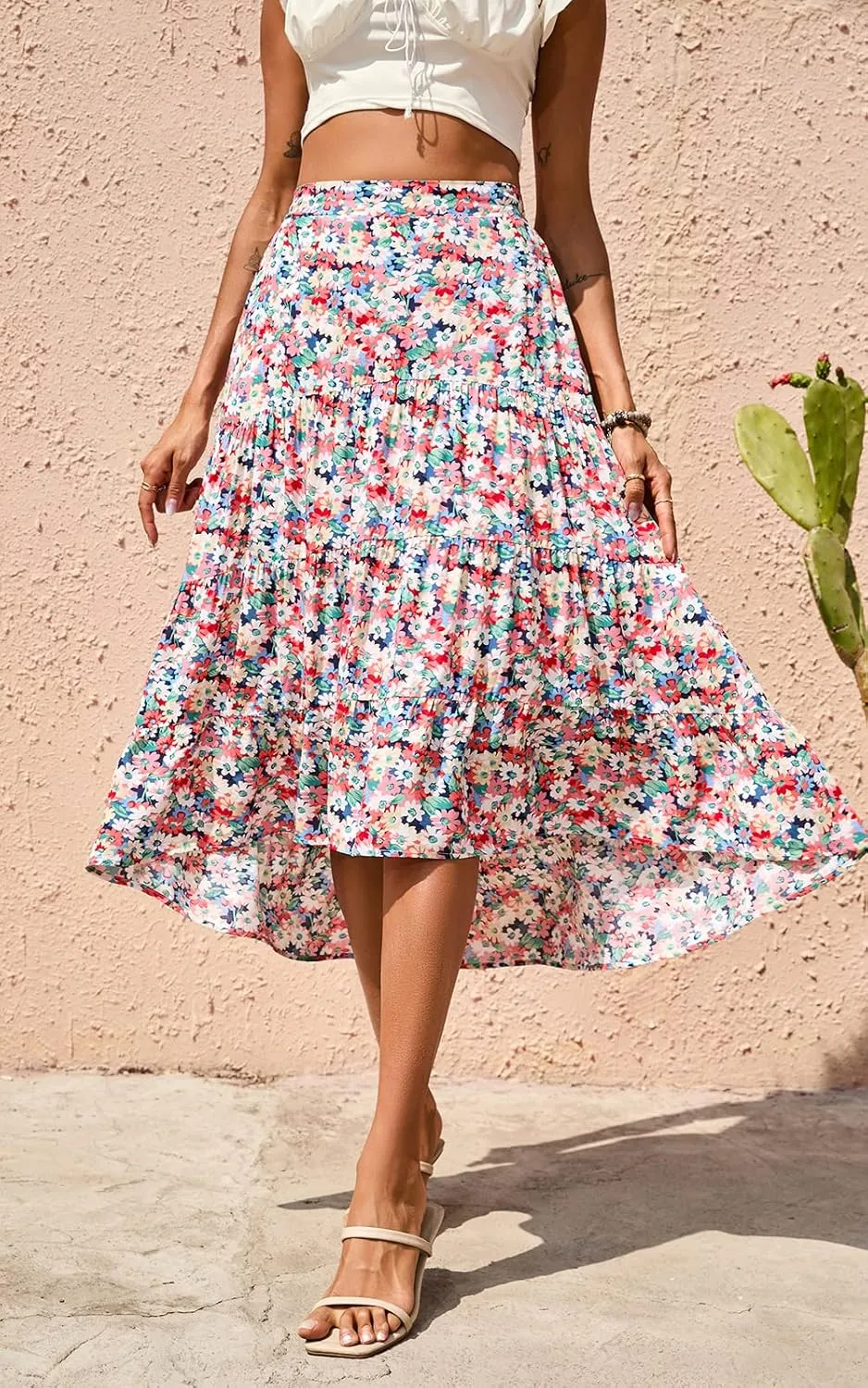 PRETTYGARDEN Women's Ditzy Floral Print Midi Skirt Boho Elastic High Waist Long Skirts for Women Trendy High Low Hem