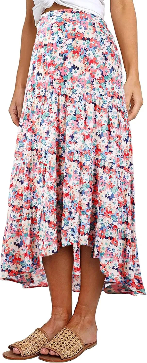 PRETTYGARDEN Women's Ditzy Floral Print Midi Skirt Boho Elastic High Waist Long Skirts for Women Trendy High Low Hem
