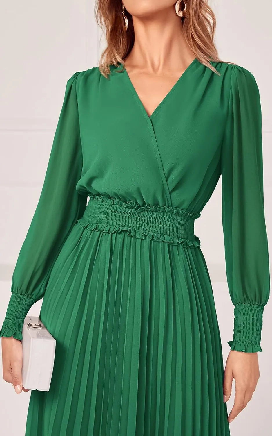 PRETTYGARDEN Womens Wrap V Neck Spring Dresses Wedding Guest Casual Pleated Long Sleeve Midi Dress Ruffle Smocked Long Dress