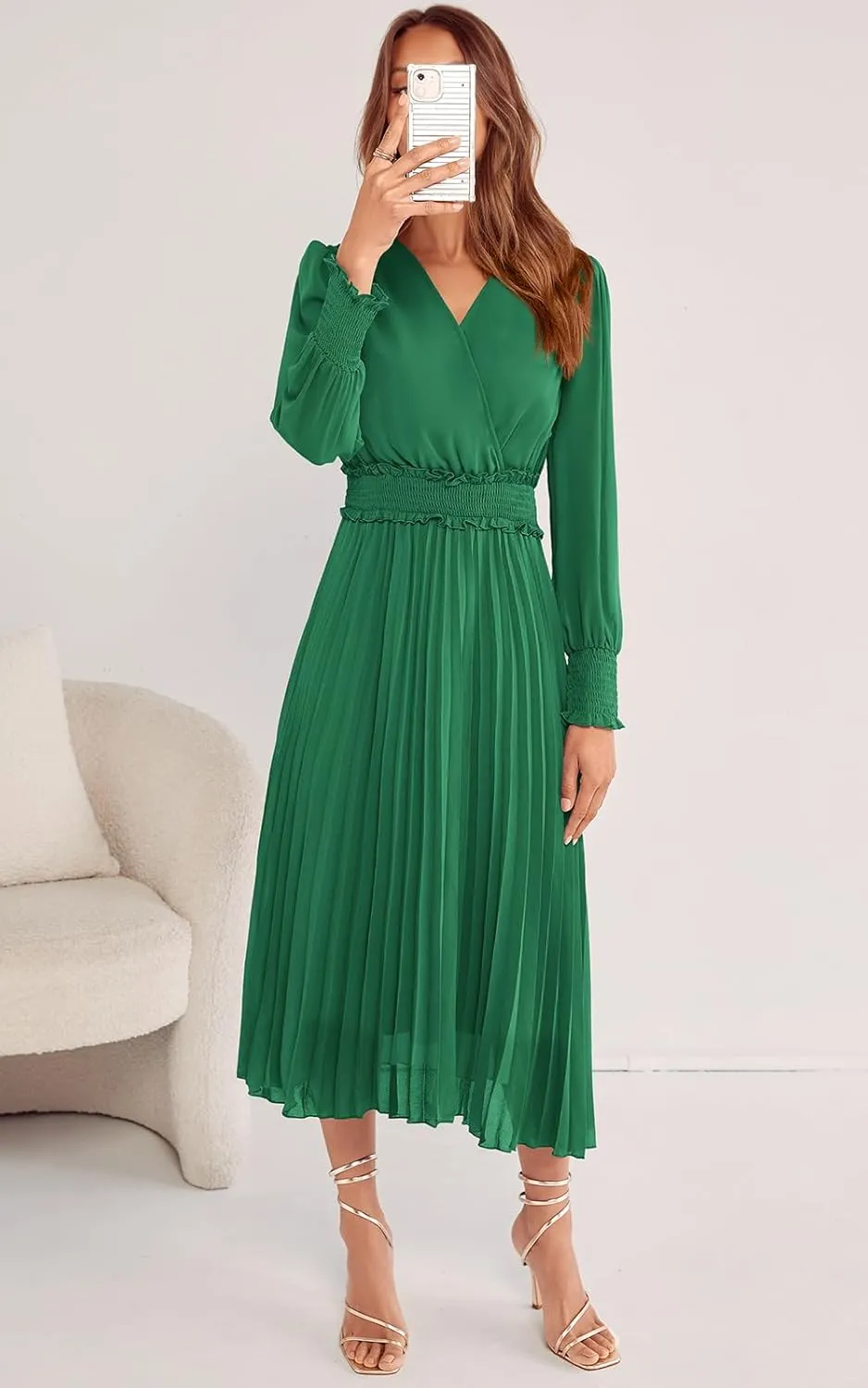 PRETTYGARDEN Womens Wrap V Neck Spring Dresses Wedding Guest Casual Pleated Long Sleeve Midi Dress Ruffle Smocked Long Dress