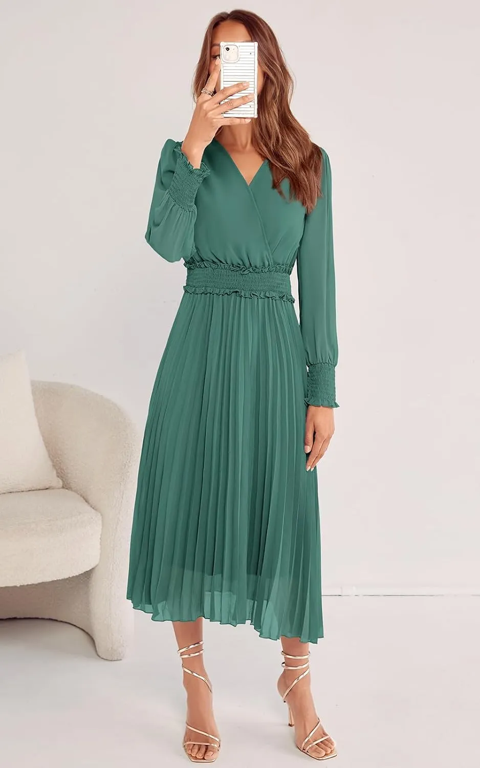 PRETTYGARDEN Womens Wrap V Neck Spring Dresses Wedding Guest Casual Pleated Long Sleeve Midi Dress Ruffle Smocked Long Dress