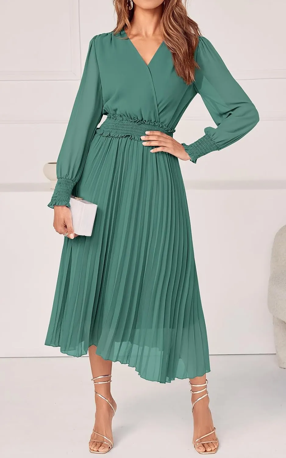 PRETTYGARDEN Womens Wrap V Neck Spring Dresses Wedding Guest Casual Pleated Long Sleeve Midi Dress Ruffle Smocked Long Dress