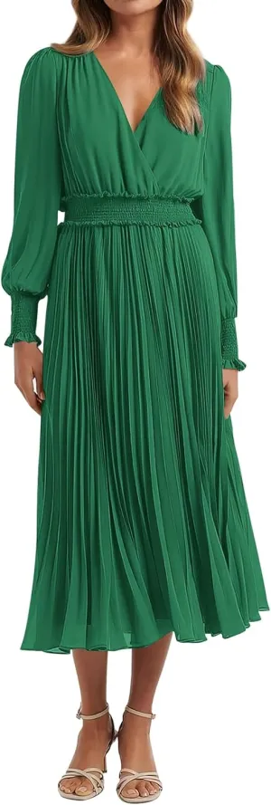 PRETTYGARDEN Womens Wrap V Neck Spring Dresses Wedding Guest Casual Pleated Long Sleeve Midi Dress Ruffle Smocked Long Dress