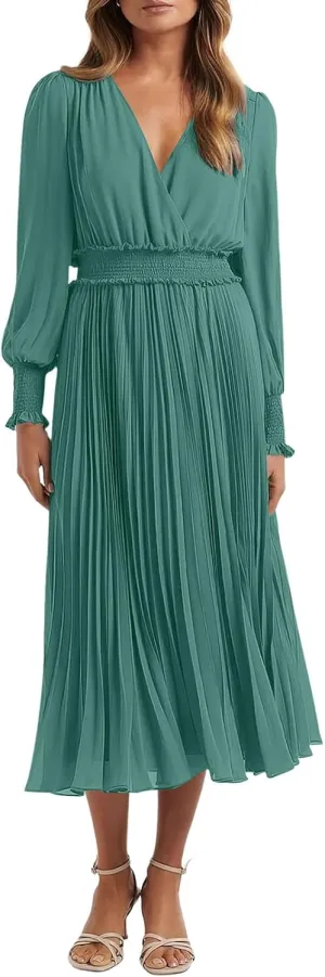 PRETTYGARDEN Womens Wrap V Neck Spring Dresses Wedding Guest Casual Pleated Long Sleeve Midi Dress Ruffle Smocked Long Dress