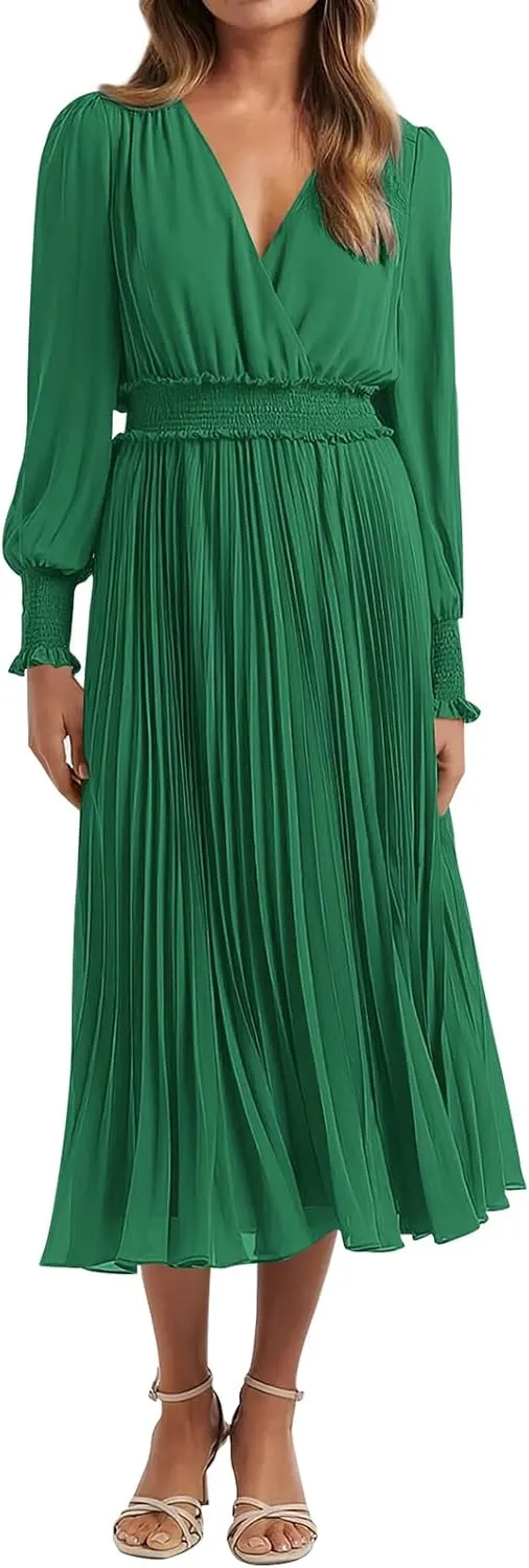 PRETTYGARDEN Womens Wrap V Neck Spring Dresses Wedding Guest Casual Pleated Long Sleeve Midi Dress Ruffle Smocked Long Dress