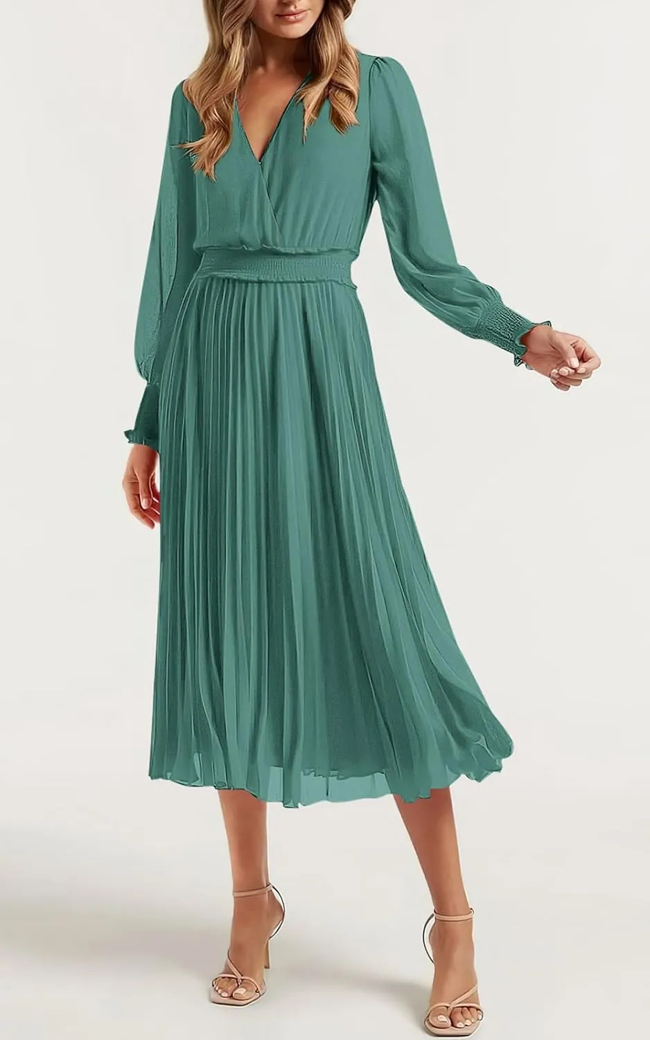PRETTYGARDEN Womens Wrap V Neck Spring Dresses Wedding Guest Casual Pleated Long Sleeve Midi Dress Ruffle Smocked Long Dress