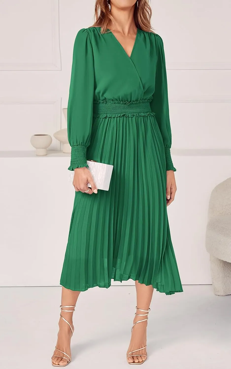 PRETTYGARDEN Womens Wrap V Neck Spring Dresses Wedding Guest Casual Pleated Long Sleeve Midi Dress Ruffle Smocked Long Dress