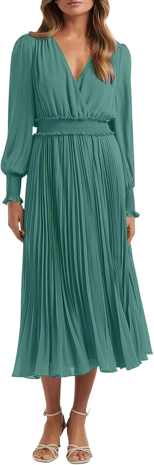 PRETTYGARDEN Womens Wrap V Neck Spring Dresses Wedding Guest Casual Pleated Long Sleeve Midi Dress Ruffle Smocked Long Dress
