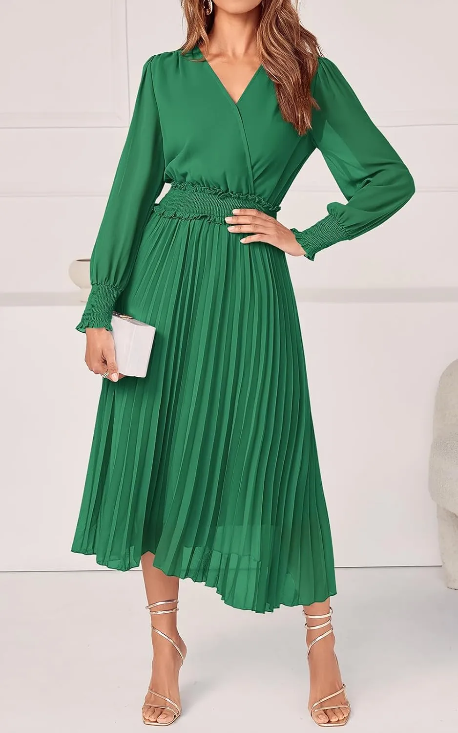 PRETTYGARDEN Womens Wrap V Neck Spring Dresses Wedding Guest Casual Pleated Long Sleeve Midi Dress Ruffle Smocked Long Dress