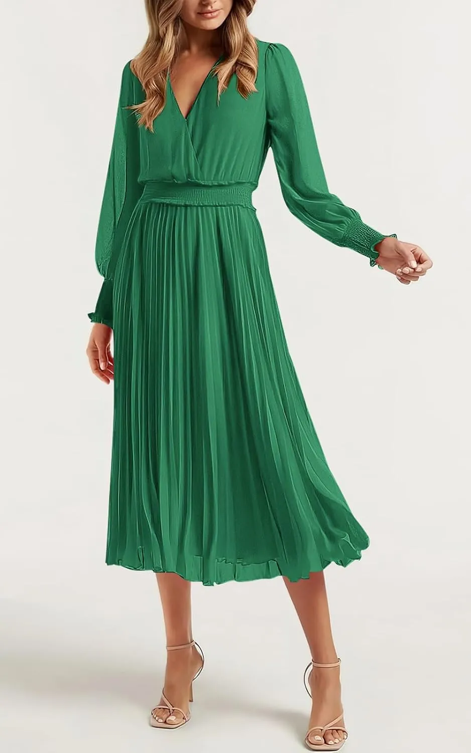 PRETTYGARDEN Womens Wrap V Neck Spring Dresses Wedding Guest Casual Pleated Long Sleeve Midi Dress Ruffle Smocked Long Dress