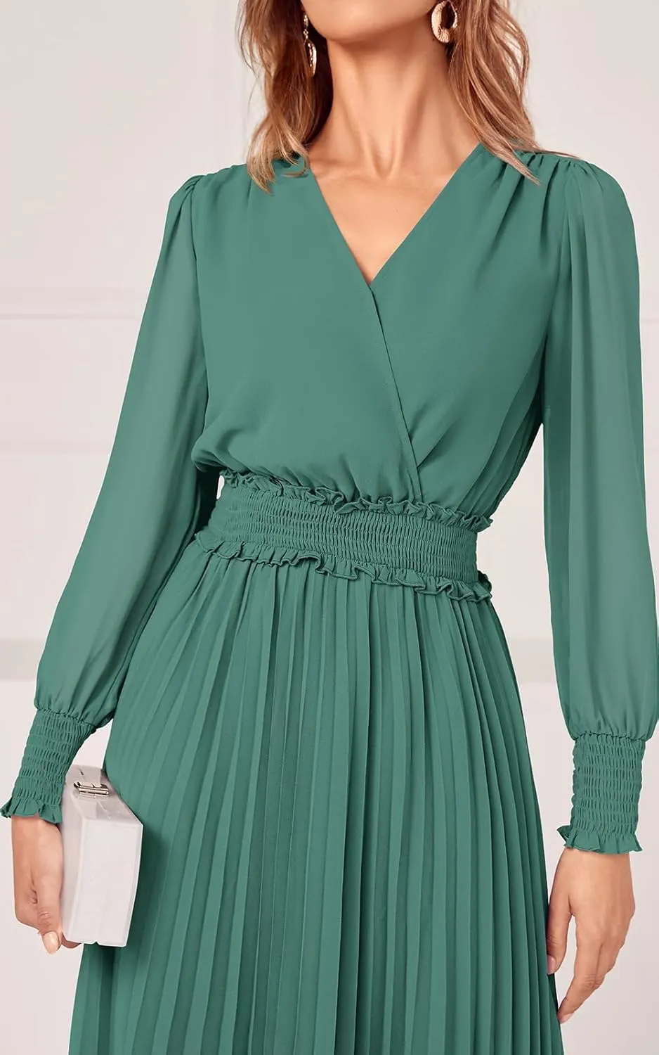 PRETTYGARDEN Womens Wrap V Neck Spring Dresses Wedding Guest Casual Pleated Long Sleeve Midi Dress Ruffle Smocked Long Dress