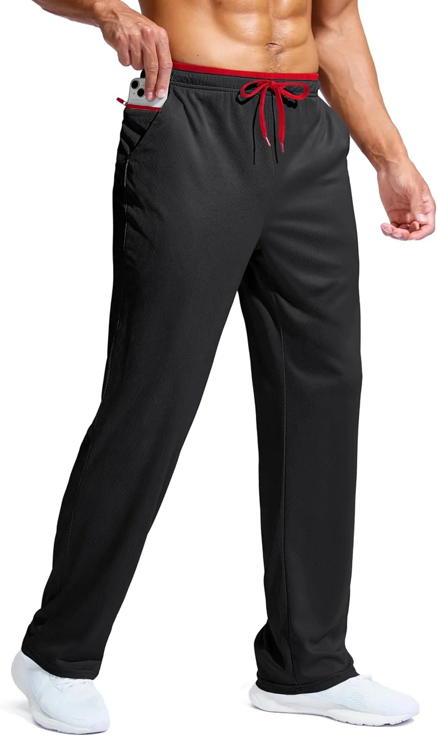 Pudolla Men's Lightweight Mesh Sweatpants Loose Fit Open Bottom Athletic Workout Gym Pants with Zipper Pockets