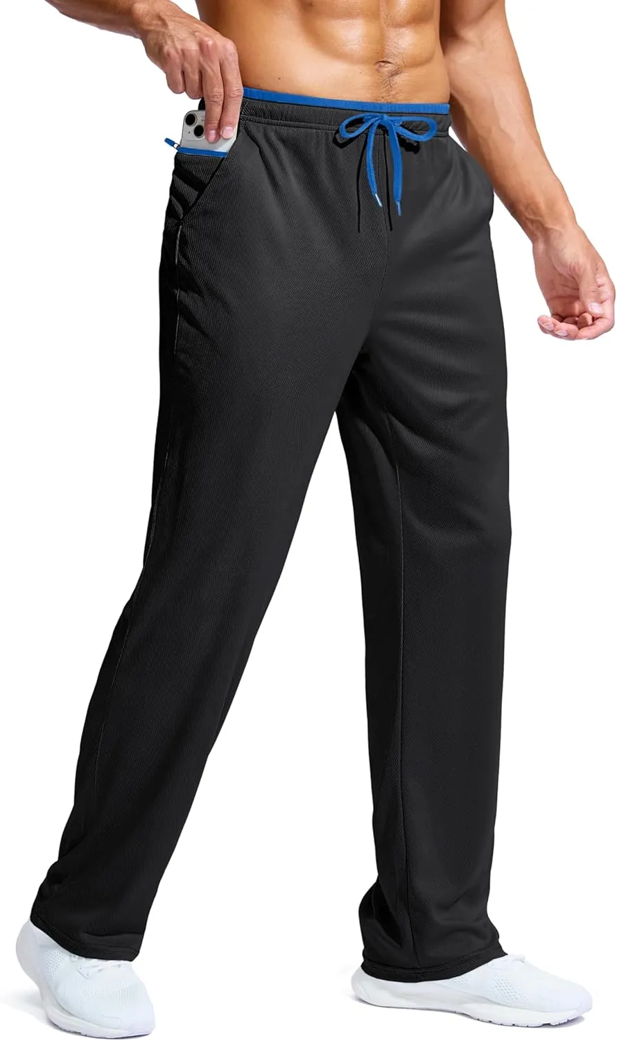 Pudolla Men's Lightweight Mesh Sweatpants Loose Fit Open Bottom Athletic Workout Gym Pants with Zipper Pockets