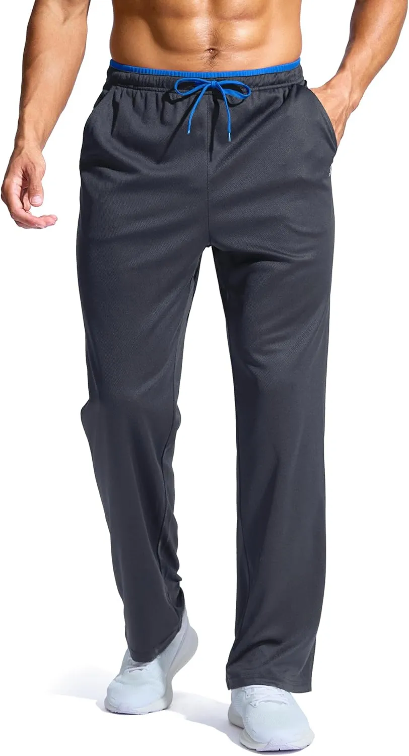 Pudolla Men's Lightweight Mesh Sweatpants Loose Fit Open Bottom Athletic Workout Gym Pants with Zipper Pockets