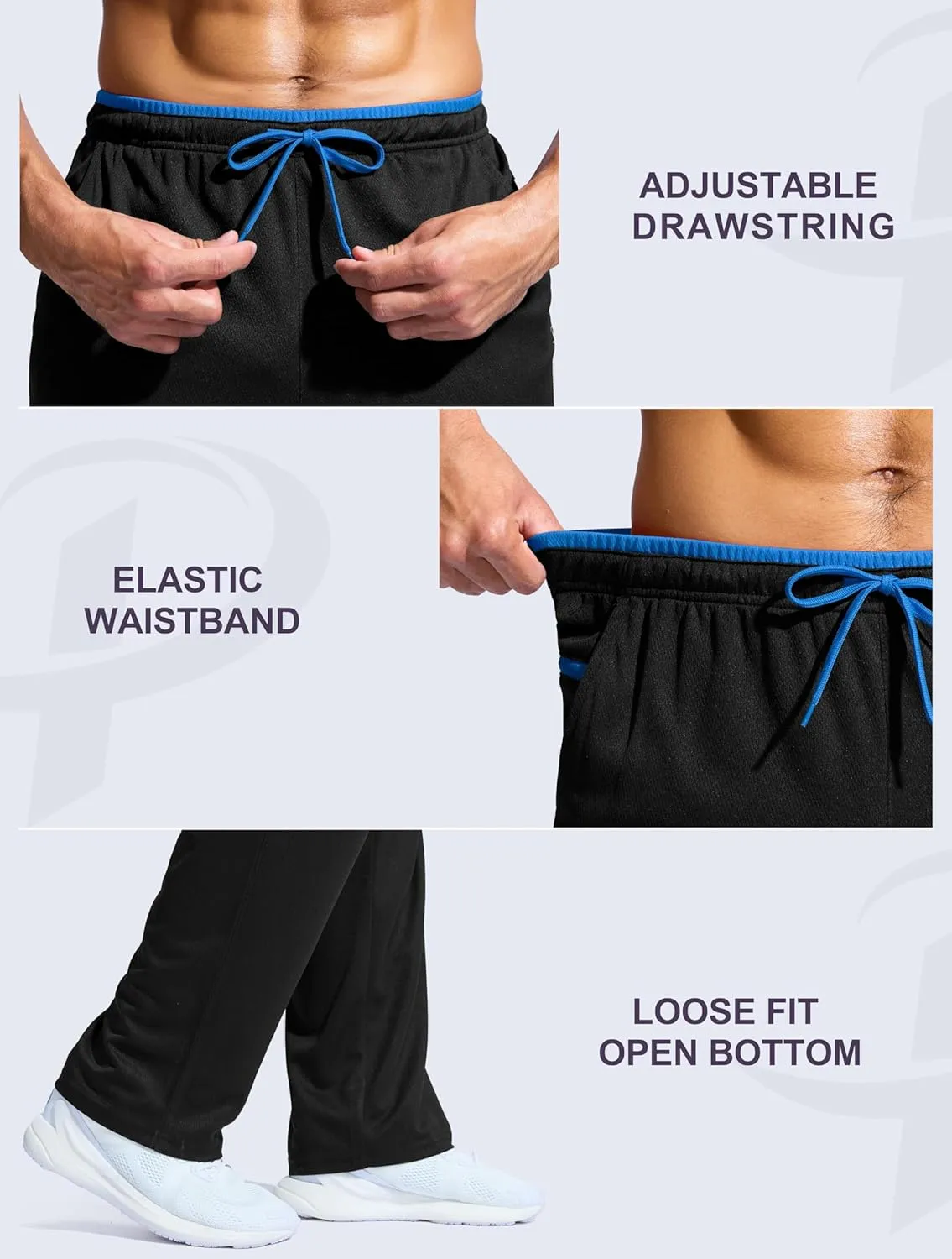 Pudolla Men's Lightweight Mesh Sweatpants Loose Fit Open Bottom Athletic Workout Gym Pants with Zipper Pockets