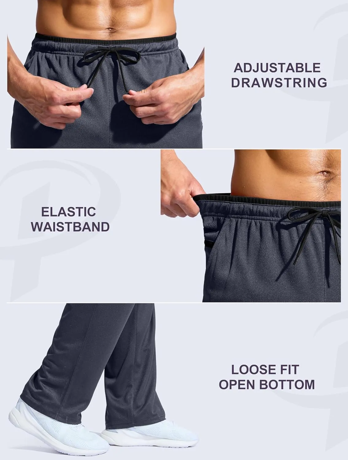 Pudolla Men's Lightweight Mesh Sweatpants Loose Fit Open Bottom Athletic Workout Gym Pants with Zipper Pockets
