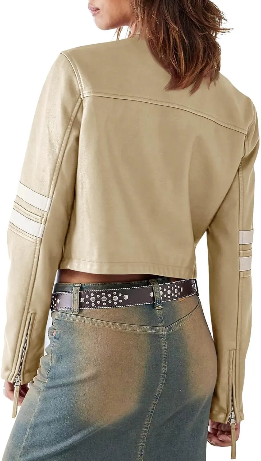 Saodimallsu Womens Faux Leather Jackets Zip Up Stand Collar Cropped Motocross PU Coats