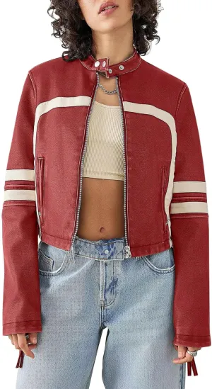 Saodimallsu Womens Faux Leather Jackets Zip Up Stand Collar Cropped Motocross PU Coats