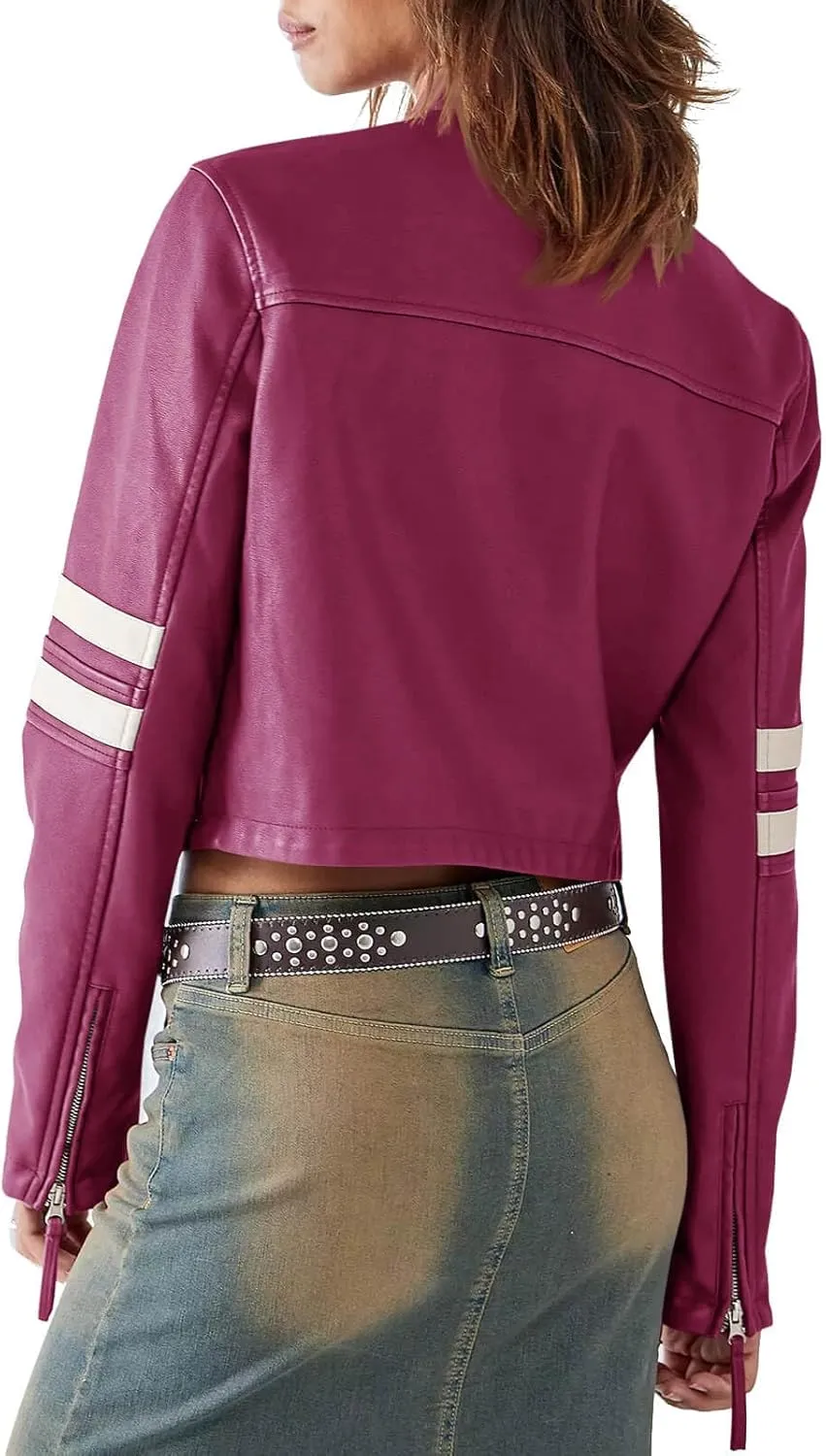 Saodimallsu Womens Faux Leather Jackets Zip Up Stand Collar Cropped Motocross PU Coats