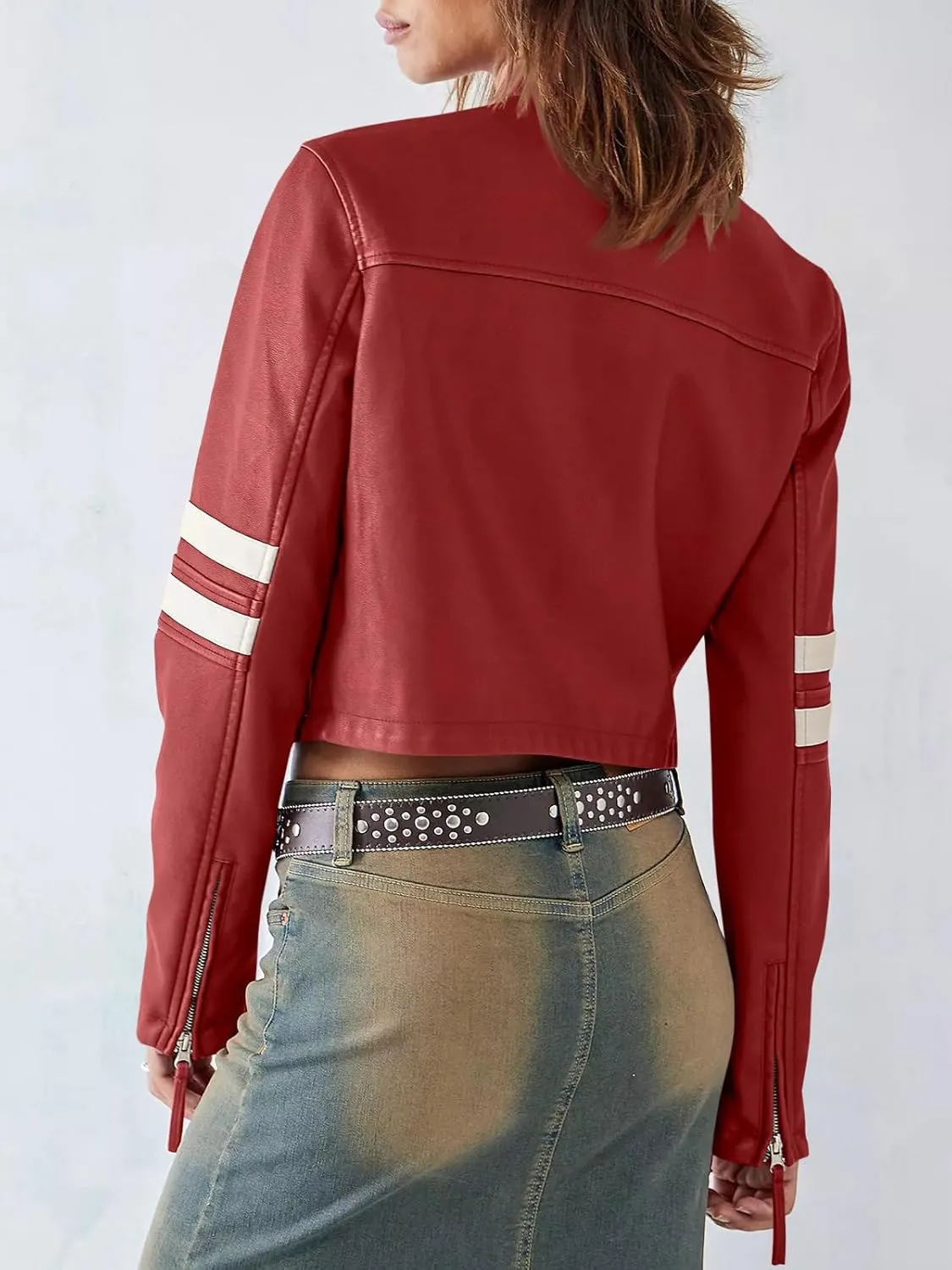 Saodimallsu Womens Faux Leather Jackets Zip Up Stand Collar Cropped Motocross PU Coats