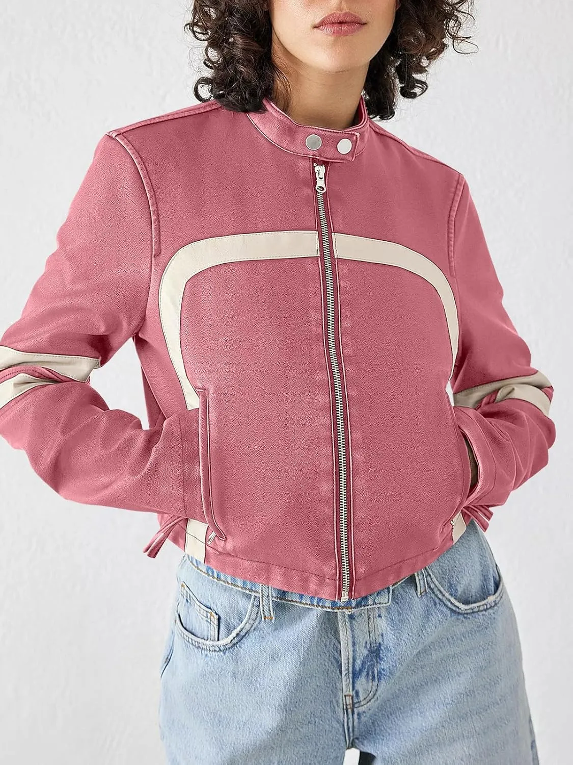 Saodimallsu Womens Faux Leather Jackets Zip Up Stand Collar Cropped Motocross PU Coats