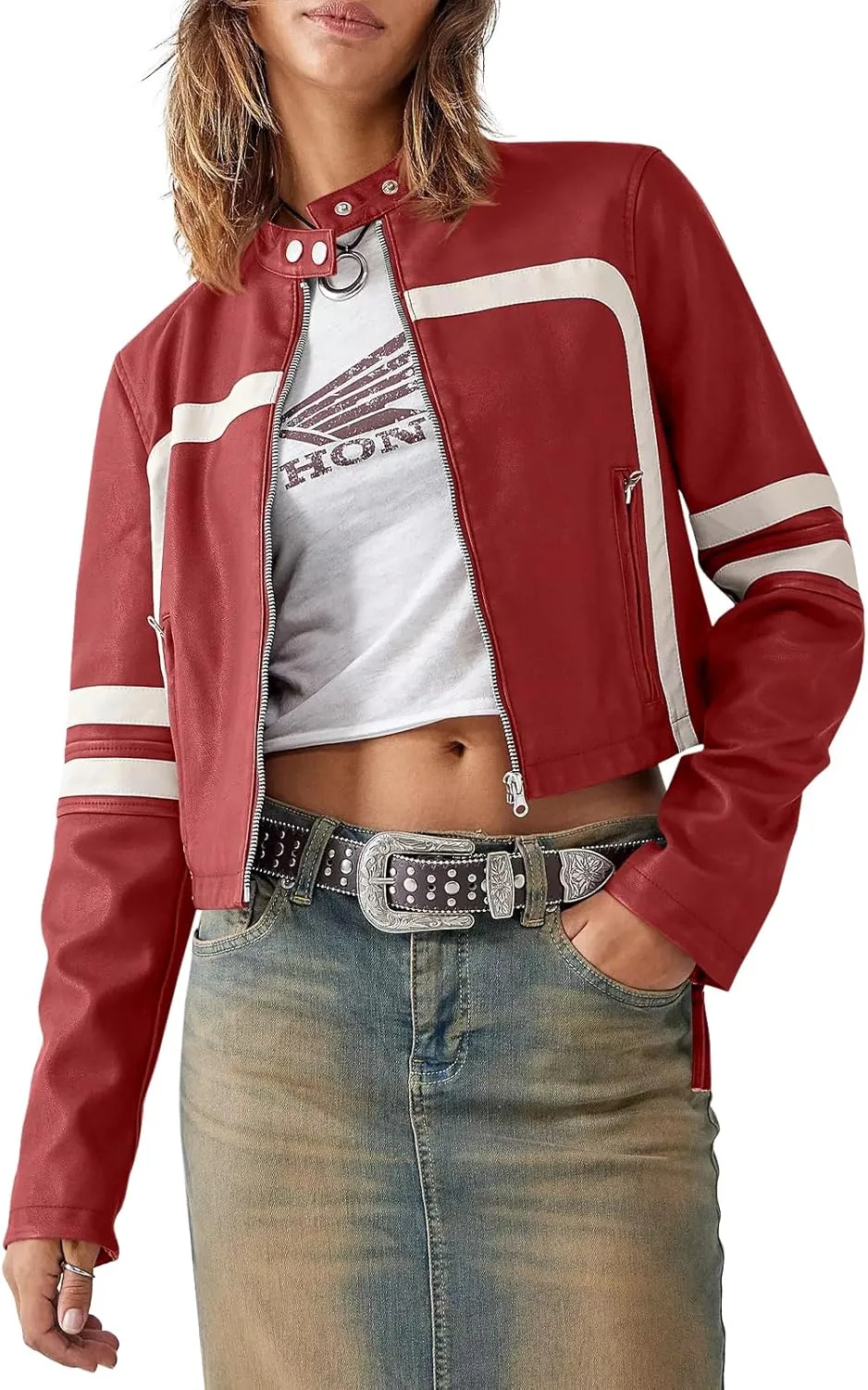 Saodimallsu Womens Faux Leather Jackets Zip Up Stand Collar Cropped Motocross PU Coats