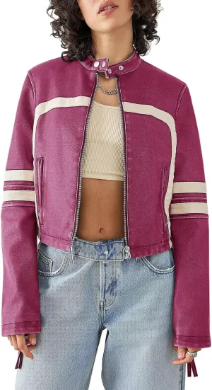 Saodimallsu Womens Faux Leather Jackets Zip Up Stand Collar Cropped Motocross PU Coats