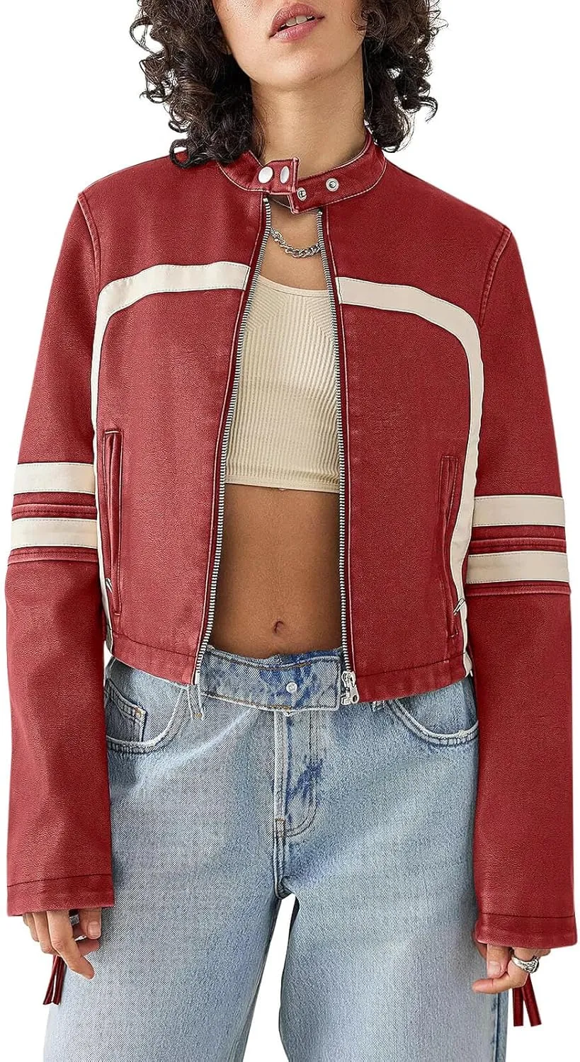 Saodimallsu Womens Faux Leather Jackets Zip Up Stand Collar Cropped Motocross PU Coats
