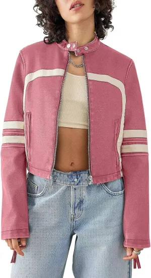 Saodimallsu Womens Faux Leather Jackets Zip Up Stand Collar Cropped Motocross PU Coats