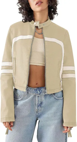 Saodimallsu Womens Faux Leather Jackets Zip Up Stand Collar Cropped Motocross PU Coats