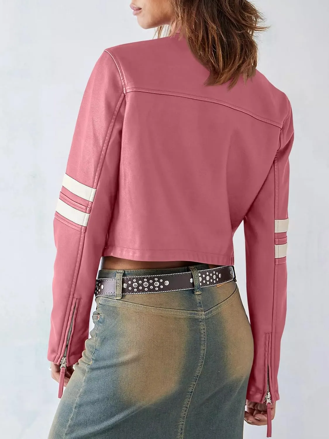 Saodimallsu Womens Faux Leather Jackets Zip Up Stand Collar Cropped Motocross PU Coats