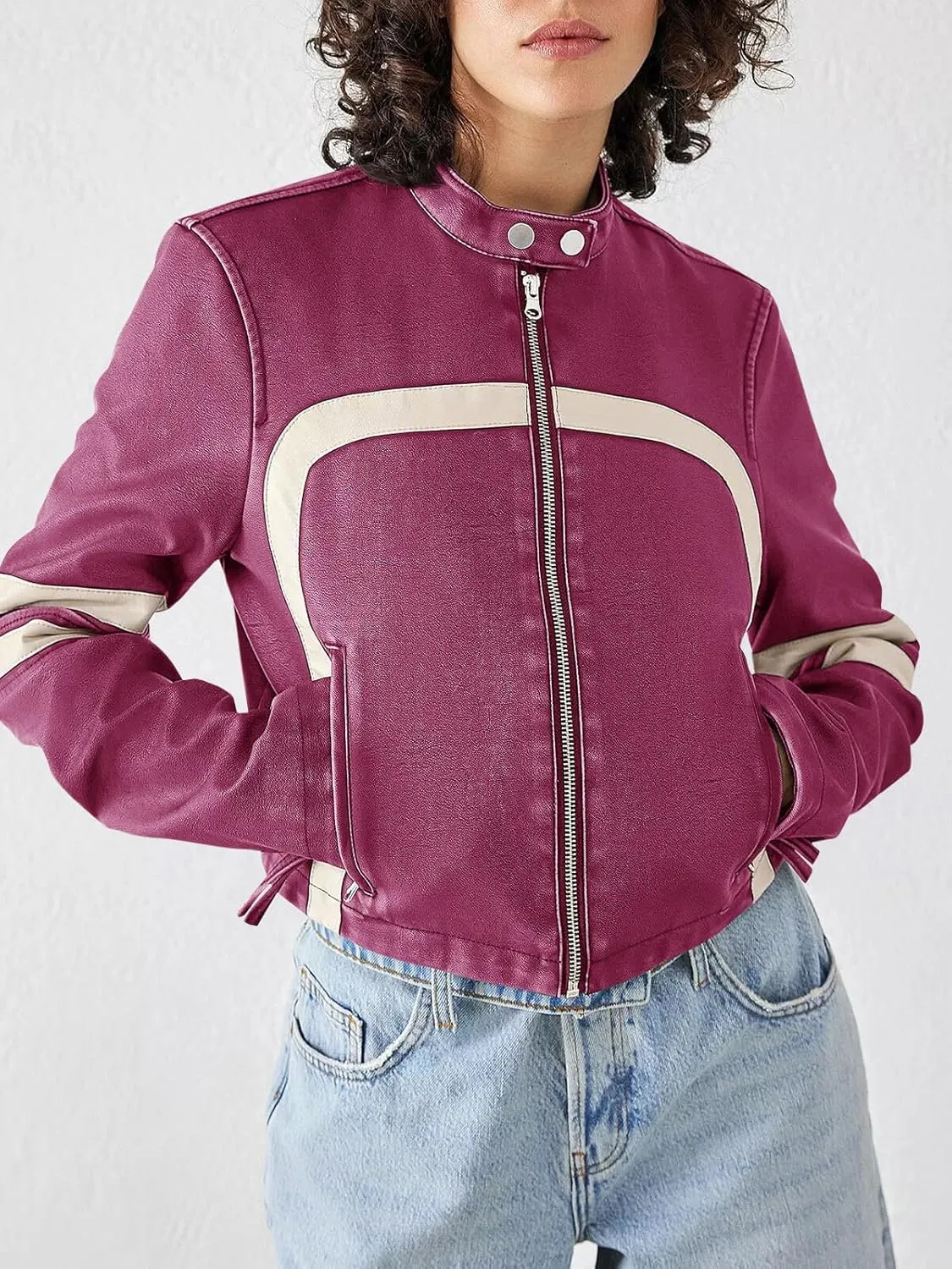 Saodimallsu Womens Faux Leather Jackets Zip Up Stand Collar Cropped Motocross PU Coats