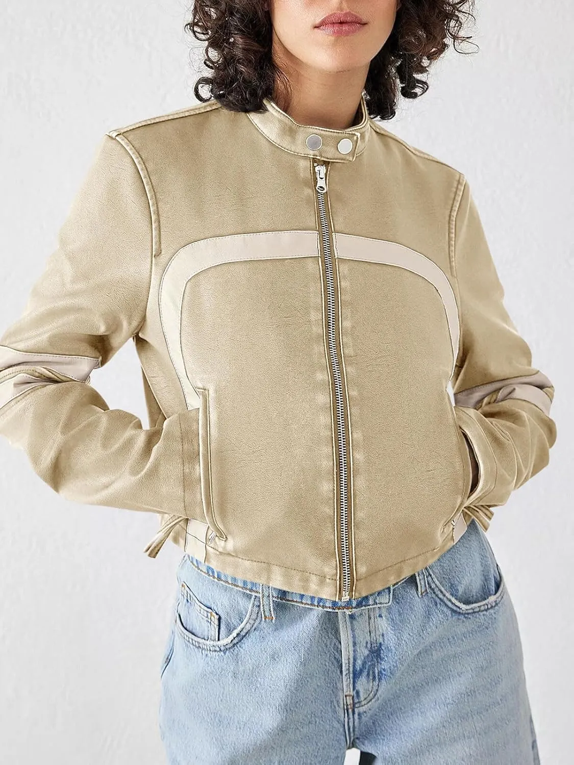 Saodimallsu Womens Faux Leather Jackets Zip Up Stand Collar Cropped Motocross PU Coats