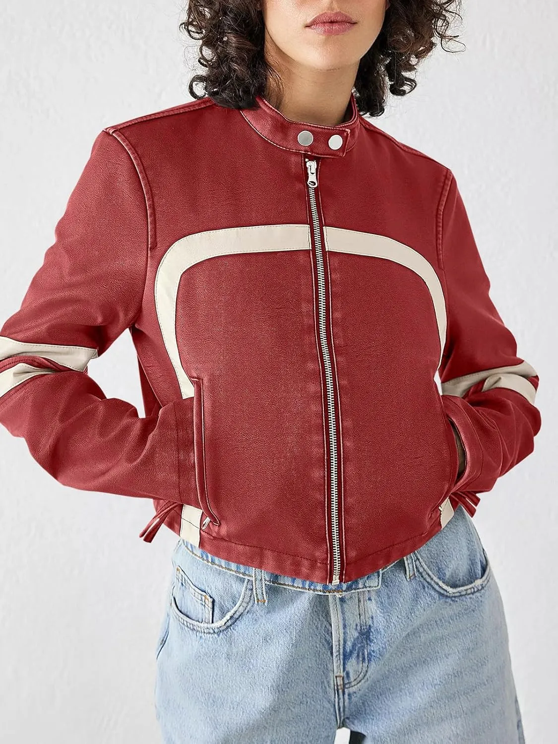 Saodimallsu Womens Faux Leather Jackets Zip Up Stand Collar Cropped Motocross PU Coats