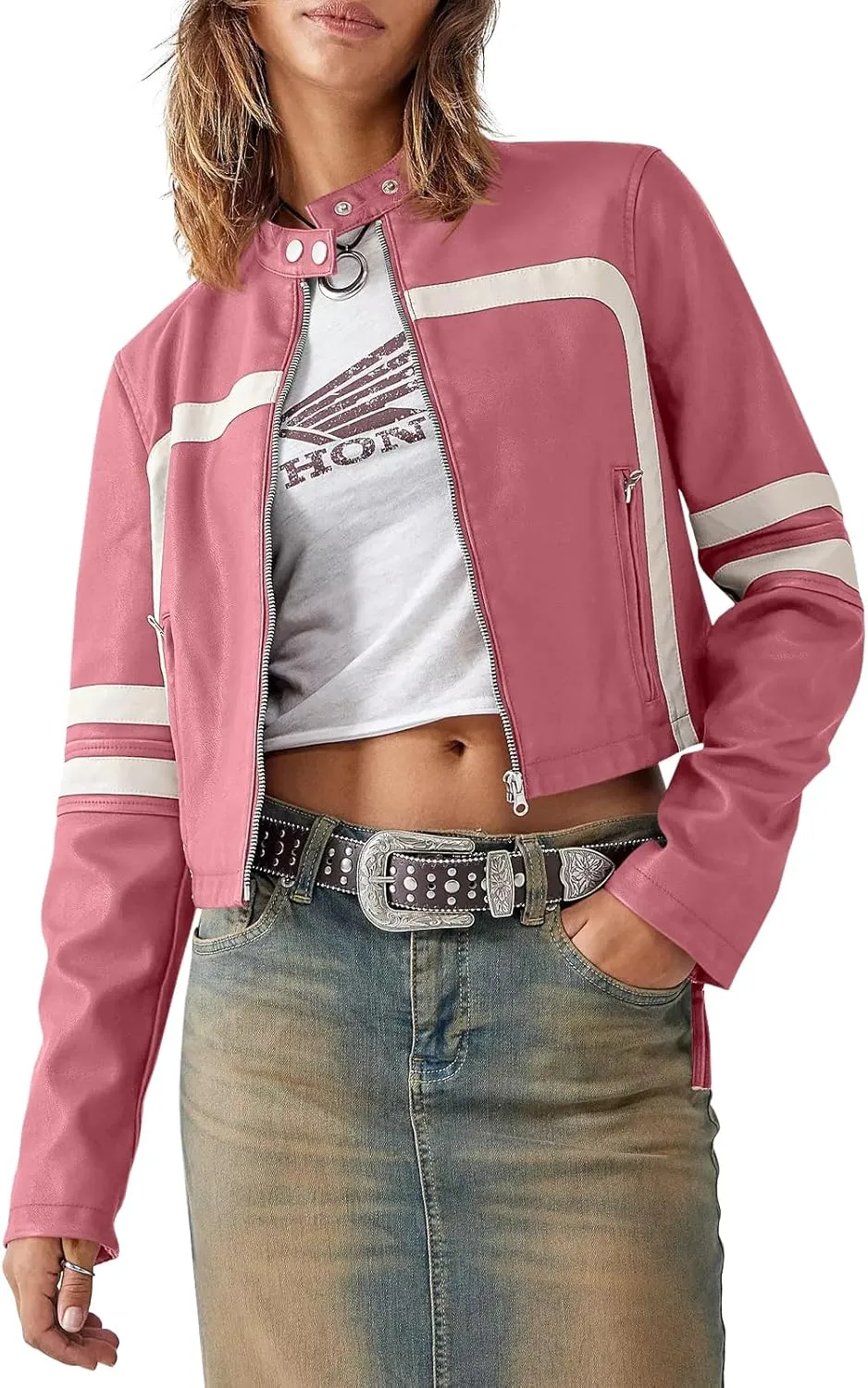 Saodimallsu Womens Faux Leather Jackets Zip Up Stand Collar Cropped Motocross PU Coats