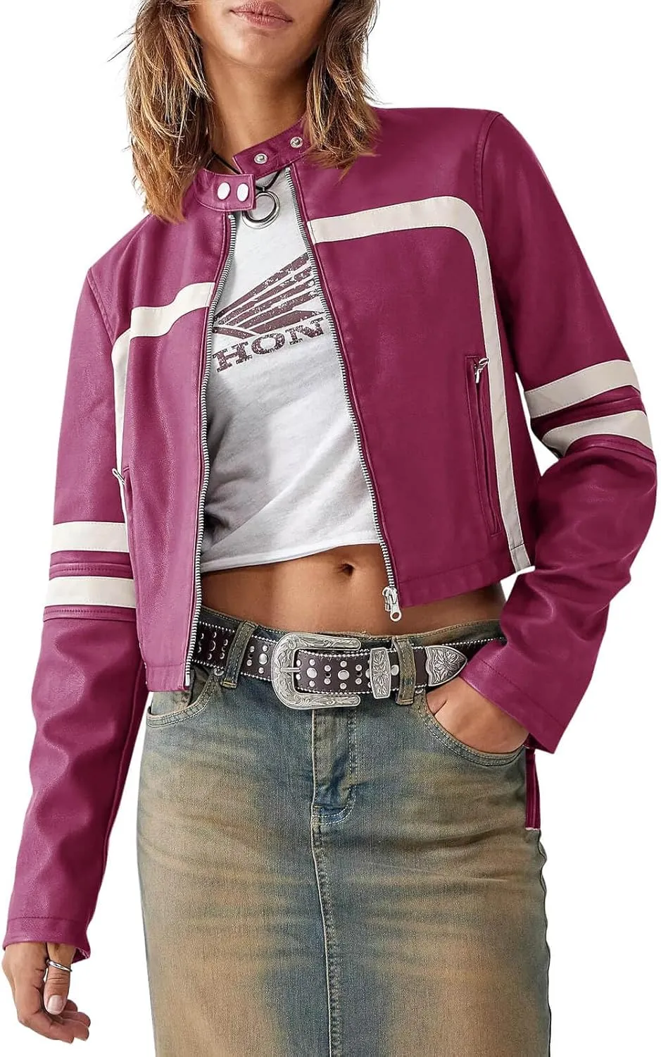 Saodimallsu Womens Faux Leather Jackets Zip Up Stand Collar Cropped Motocross PU Coats