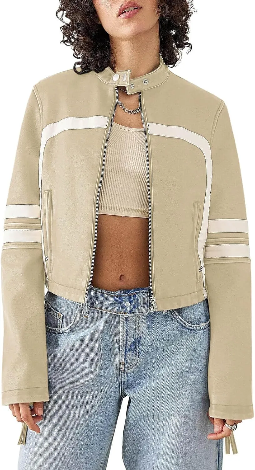 Saodimallsu Womens Faux Leather Jackets Zip Up Stand Collar Cropped Motocross PU Coats