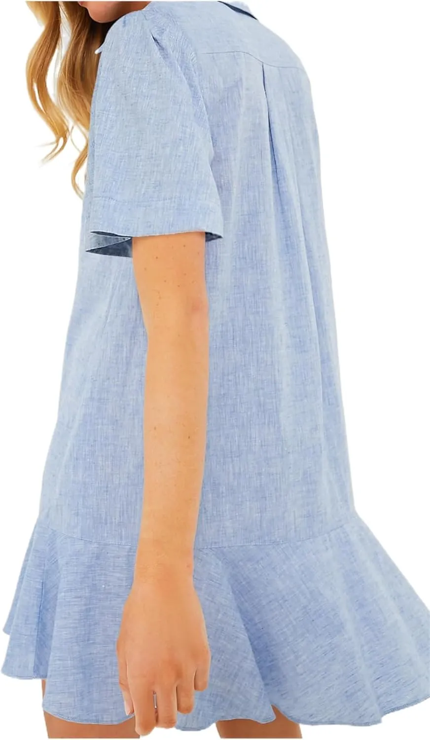 Shirt Dresses for Women Casual Short Sleeve Cotton Linen Mini Dresses Fashion V Neck Button Up Ruffle Hem Shift Dress