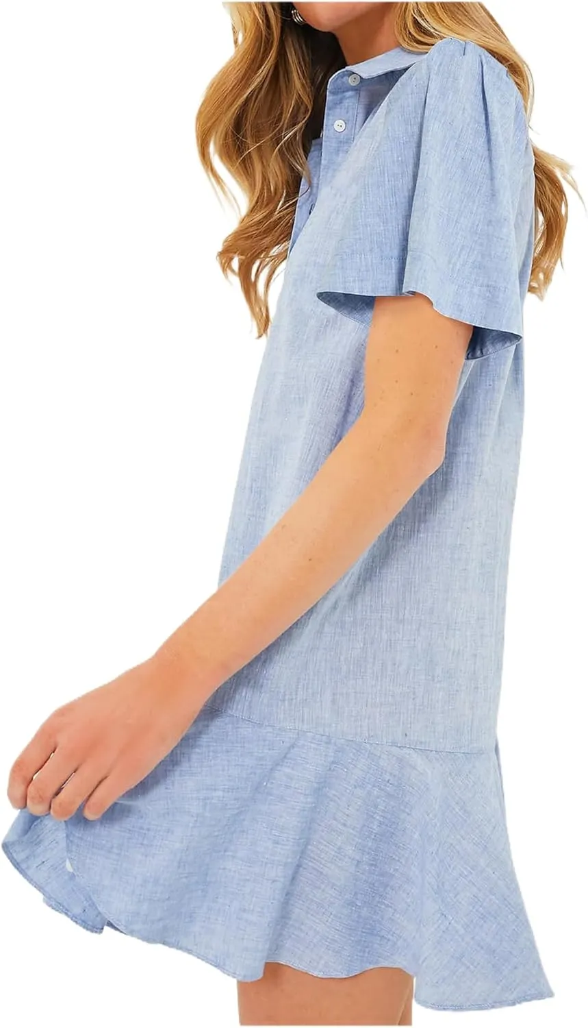 Shirt Dresses for Women Casual Short Sleeve Cotton Linen Mini Dresses Fashion V Neck Button Up Ruffle Hem Shift Dress