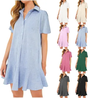 Shirt Dresses for Women Casual Short Sleeve Cotton Linen Mini Dresses Fashion V Neck Button Up Ruffle Hem Shift Dress